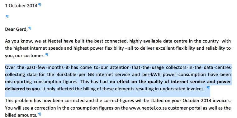 Letter from Neotel regarding it's inability to collect and report usage data correctly