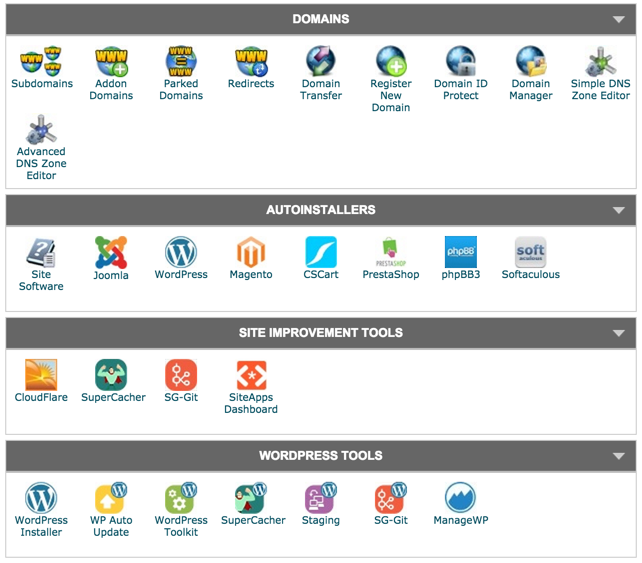 SiteGround cPanel with domain management, auto installers, site improvement tools, wordpress tools