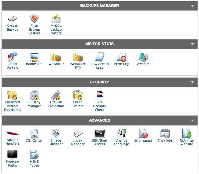 SiteGround cPanel - backup manager, visitor stats, security tools, shell access